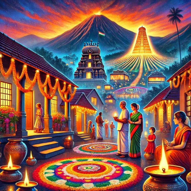 Vibrant Karthigai Deepam festival celebration in Tamil Nadu with traditional homes, oil lamps, colorful rangolis, and Arunachala Hill in the background, symbolizing positivity and devotion