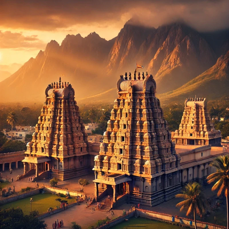 A serene and majestic view of Arunachalam Temple in Tiruvannamalai, Tamil Nadu, with towering gopurams and intricate carvings, set against the backdrop of Arunachala Hill at sunset. Devotees are seen participating in rituals, surrounded by lush greenery, capturing the temple's spiritual and peaceful atmosphere.