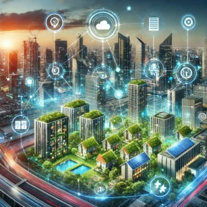 An artistic illustration of real estate trends for 2024, featuring a modern urban skyline with futuristic skyscrapers, eco-friendly green rooftops, solar panels, and a mix of residential and commercial buildings. The image also highlights open community spaces and digital technology elements symbolizing PropTech innovations, emphasizing growth, sustainability, and technological advancements in the real estate sector.