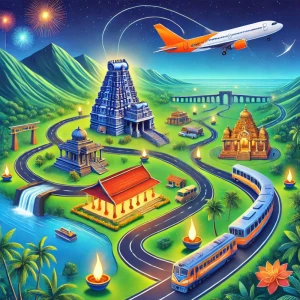 An artistic illustration showcasing travel routes to Tiruvannamalai during the Karthigai Deepam festival, featuring a map-like layout with Arunachaleswarar Temple and Annamalai Hill. The image includes roads with buses and cars, a train traveling through lush greenery, and an airplane flying in the sky. The festive spirit is highlighted with glowing oil lamps and a serene evening setting