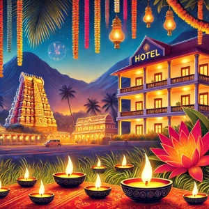 An artistic illustration of accommodations in Tiruvannamalai during the Karthigai Deepam festival, showcasing a serene hotel near Arunachaleswarar Temple. The foreground is lit with glowing oil lamps, while the background features the majestic Annamalai Hill and the temple illuminated in festive lights, capturing the essence of spirituality and comfort