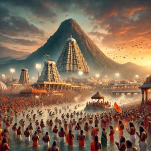 A grand spiritual scene depicting Mahakumbh Mela with millions of pilgrims gathered by the sacred river, engaging in ritual baths and prayers. In the background, Tiruvannamalai's Arunachaleswarar Temple and Arunachala Hill radiate divine energy, with devotees performing Girivalam under a twilight sky.