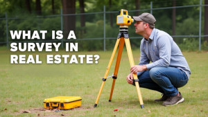 A person using a total station mounted on a tripod to conduct a land survey outdoors. The setting includes grass, a fence, and trees. A yellow equipment case is nearby. Overlay text reads: 'WHAT IS A SURVEY IN REAL ESTATE?