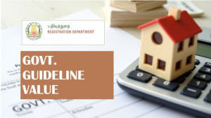 A miniature house model placed on a calculator, with a document underneath displaying 'GOVT. GUIDELINE VALUE.' The top left corner features the logo and name of the Registration Department in Tamil and English, emphasizing official property valuation.