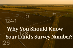 A detailed landscape image illustrating the importance of knowing your land's survey number, showcasing property boundaries, legal documentation, and digital verification tools for secure land ownership.