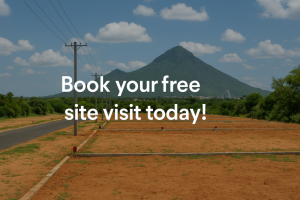 Landscape view of Tiruvannamalai with Arunachala Hill in the background, a serene real estate plot in the foreground, and the message 'Book your free site visit today!' overlaid in bold text.