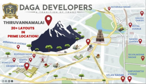 A promotional illustrated map from Daga Developers displaying over 20 real estate layouts in key locations around Thiruvannamalai. Areas such as Annamalai Avenue, Ramana Nagar, Sivam City, Swarna Boomi, Bhagavan Nagar, and Kailash Garden are marked clearly. The map also highlights local landmarks including the Arunachaleswarar Temple, railway station, bus stand, and major roads like Bangalore Road, Girivalam Path, and the 200 Feet Ring Road. The layout names are color-coded or icon-tagged, set against a stylized backdrop of the surrounding geography.