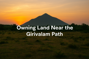 A peaceful landscape near the Girivalam path in Tiruvannamalai, featuring a gentle trail curving around Arunachala Hill under a soft sunset sky. The image includes the overlay text “Owning Land Near the Girivalam Path,” conveying a blend of spiritual significance and real estate opportunity. Quiet trees line the path, symbolizing serenity and connection with nature.